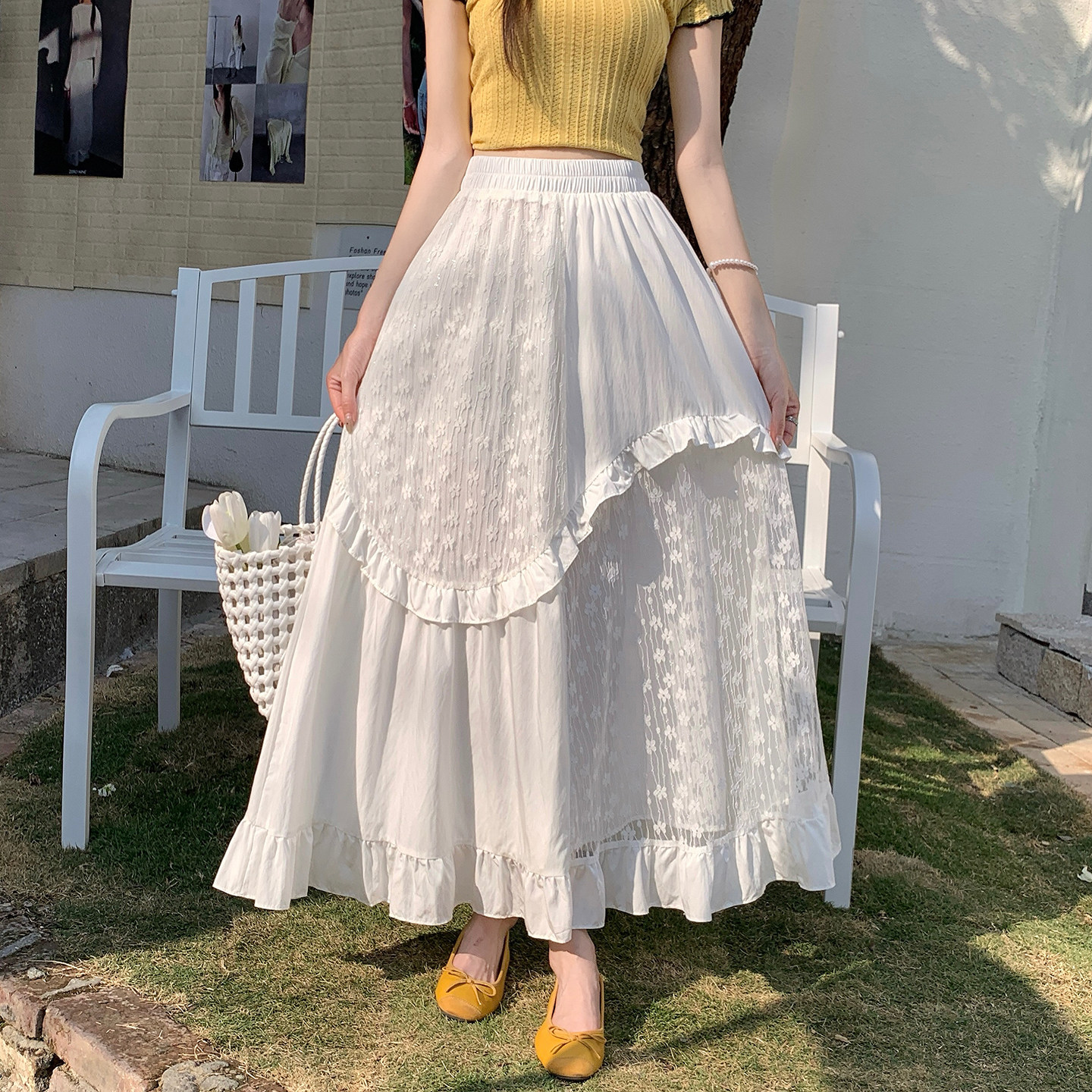 中裙春季新款不规则蕾丝拼接木耳边半身裙女高腰显瘦中长款A字伞
