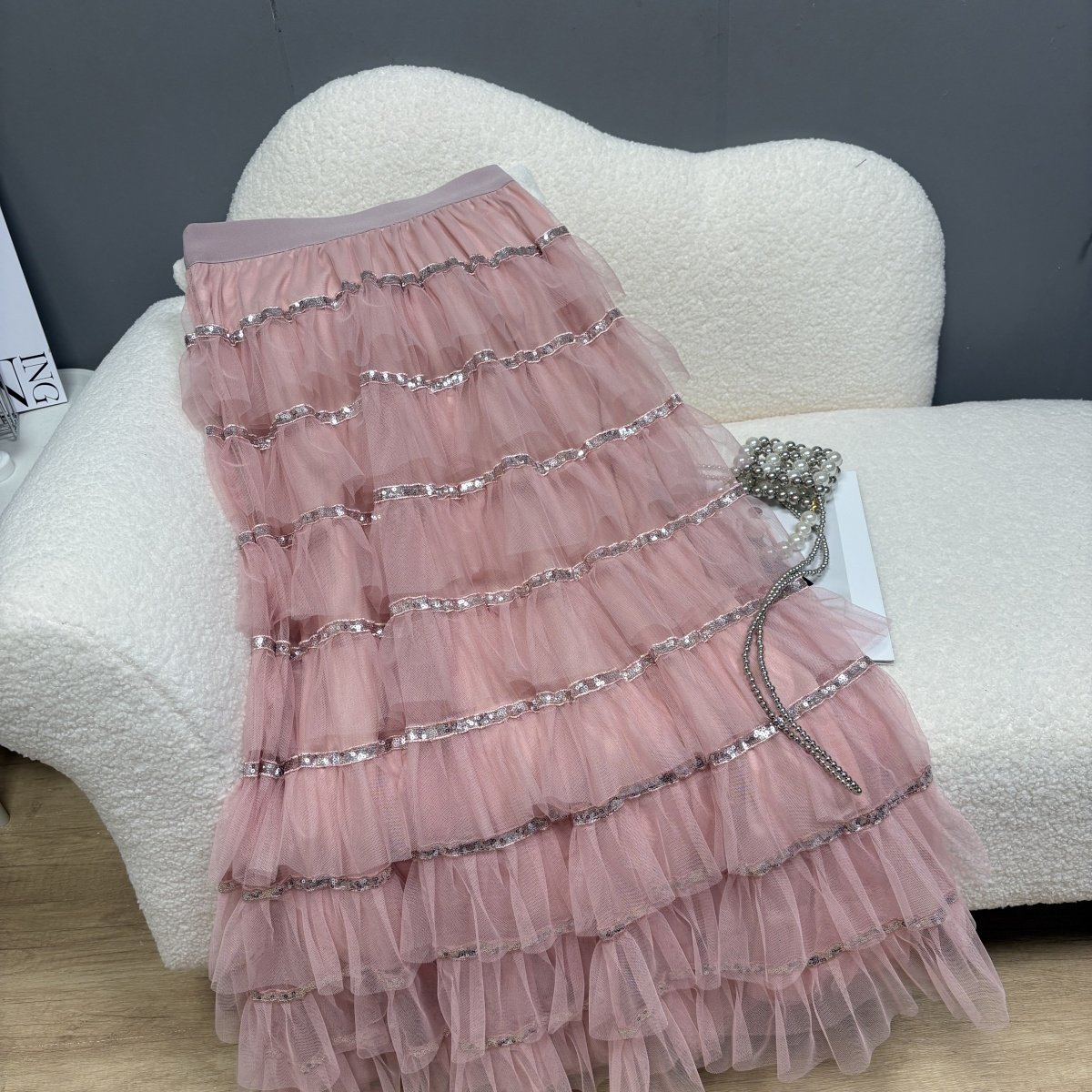 韩版 秋冬新款2025韩版ins设计感亮片荷叶边蛋糕裙绝美纱裙半身裙