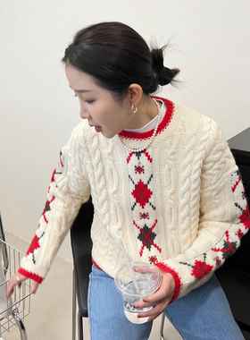 十三行widelia杏色毛衣女韩版宽松绣花麻花圆领毛衫长袖上衣19822