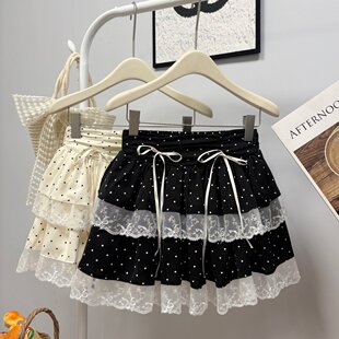 中裙 夏季新款2026韩系ins甜美减龄半身裙波点系带撞色蛋糕裙短裙