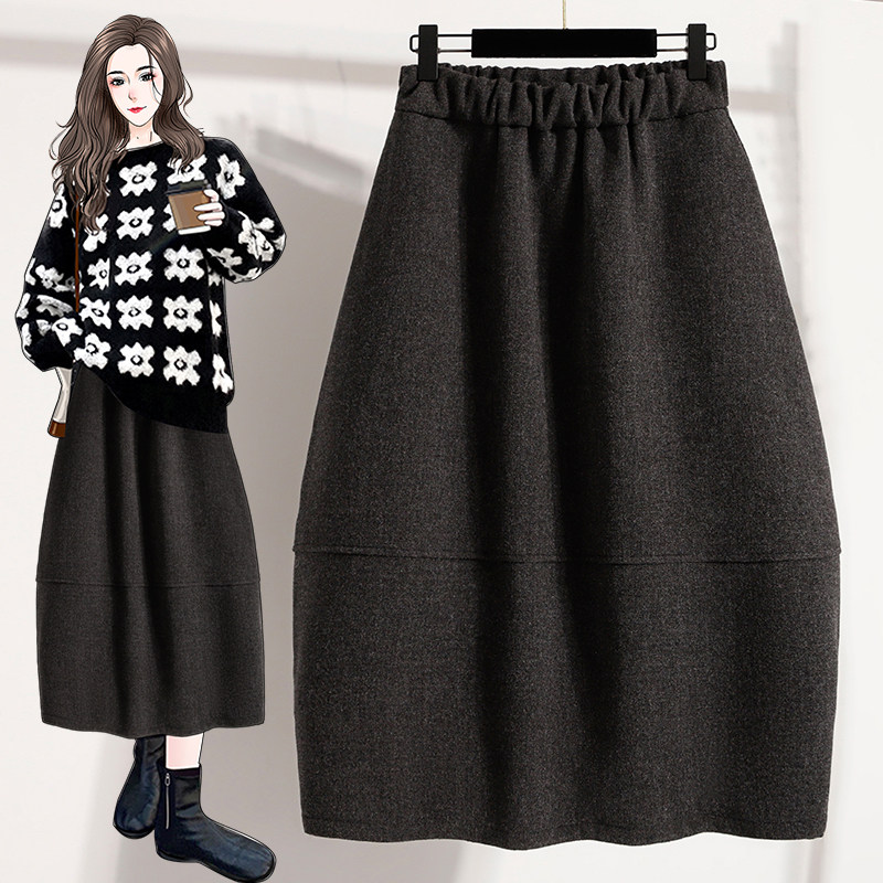 小众大码复古毛呢A版半身裙女秋冬新款韩系极简压褶显瘦中长裙