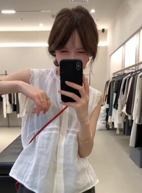 low flat正版～蕾丝拼接无袖马甲小衫女亚麻宽松显瘦百搭衬衫