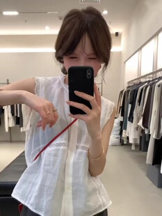 low flat正版～蕾丝拼接无袖马甲小衫女亚麻宽松显瘦百搭衬衫