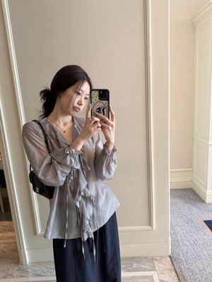 oker章壳儿正品～法式荷叶边小衫v领天丝衬衫休闲宽松26夏季A908