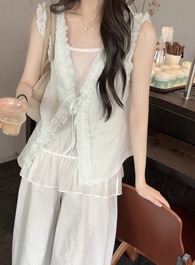 AMIDI正版～欧根纱两件套背心韩系木耳边v领百搭26夏季新款