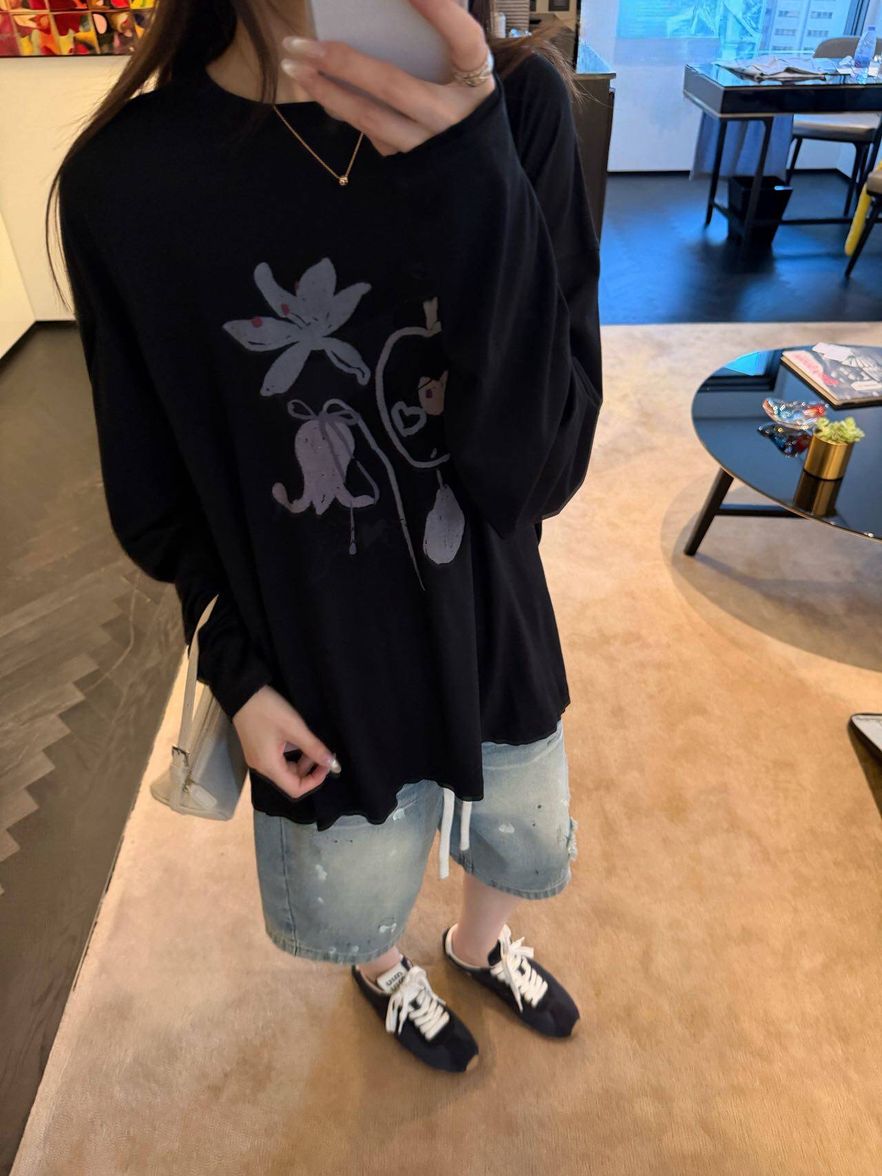 oker章壳儿оригинал ~ Футболка с принтом круглый вырез длинный рукав корейский стиль универсальная свободная повседневная весна 26 A409