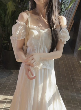 AMIDI正品～一字肩衬衫泡泡袖上衣+半身裙中长款女26夏季新款