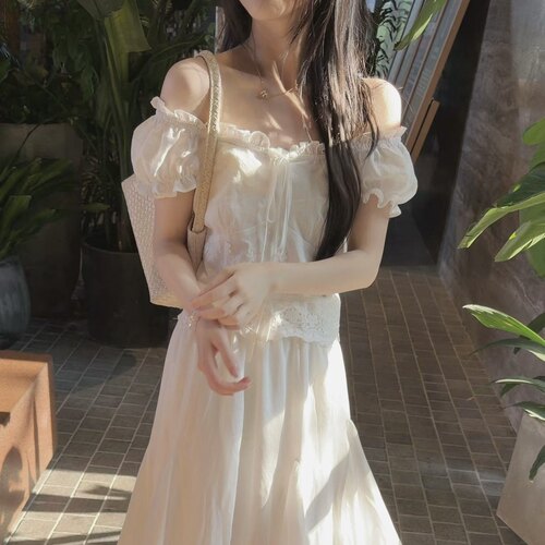 AMIDI正品～一字肩衬衫泡泡袖上衣+半身裙中长款女26夏季新款