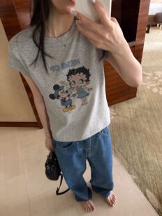 oker章壳儿正品～米奇贝蒂印花短袖t恤百搭天丝棉26夏季A998