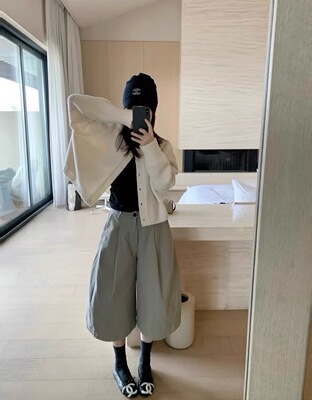 low flat正品～水洗高腰一粒扣阔腿七分裤休闲中裤女秋冬质感