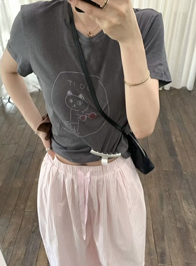 Focuse正品～印花短袖t恤百搭休闲圆领+粉色条纹裤松紧腰26夏季