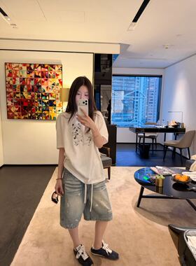 oker章壳儿正品～泼墨牛仔裤中裤水洗蓝百搭纯棉直筒26春季A756