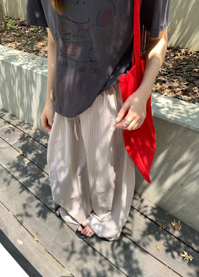 Hzh正品～松紧腰格纹裤休闲百搭韩系长裤薄款慵懒26夏季新款