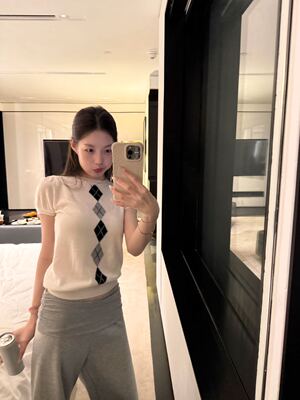 现货！oker章壳儿正品撞色菱形格背心女圆领短袖薄款羊毛针织A780