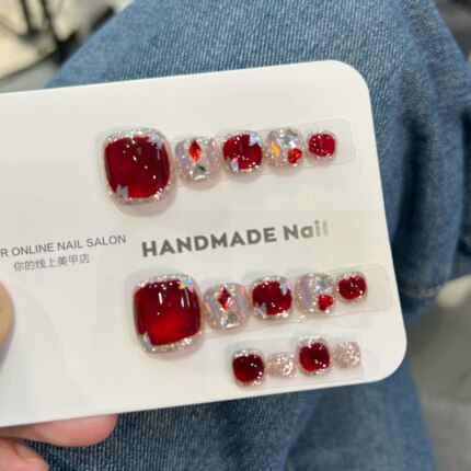 鸿运当头纯手工穿戴美甲脚趾甲 车厘子猫眼显白美甲贴片14片