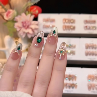 绿宝石纯手工穿戴美甲祖母绿满钻爆闪轻奢贵气假指甲美甲贴片10片