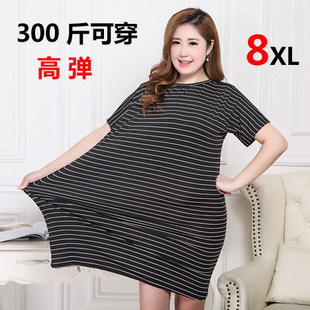 加肥胖mm夏装女加大码超大300斤妈妈中长睡裙条纹宽松短袖连衣裙