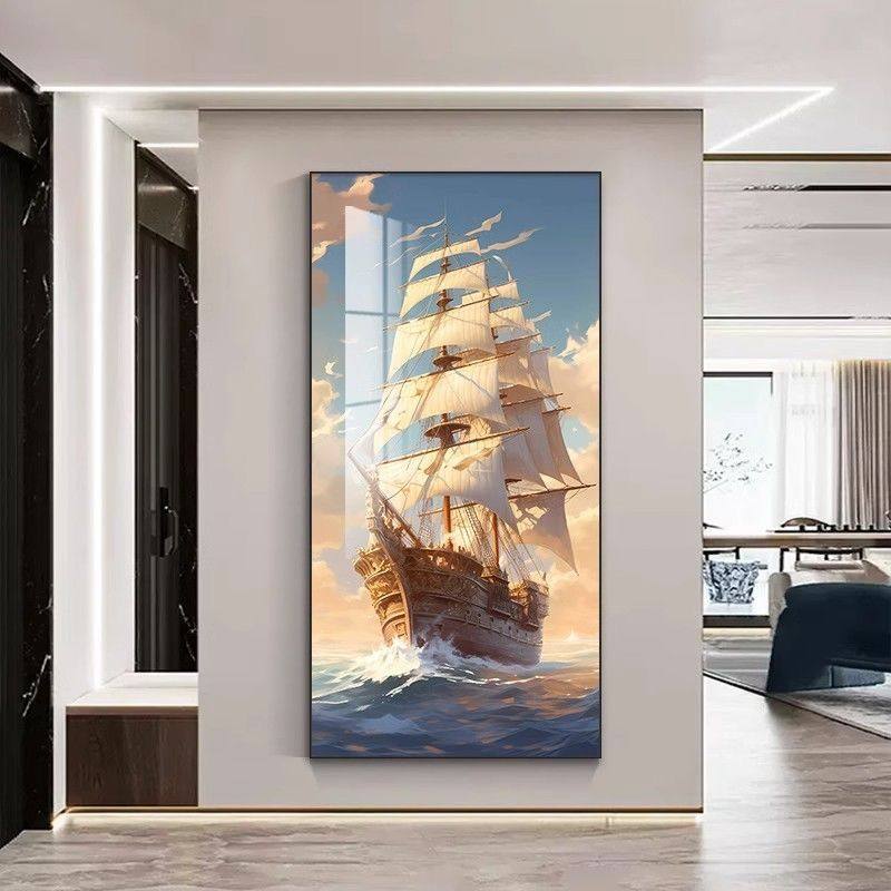 乘风破浪玄关装饰画入户走廊过道挂画大一帆风顺挂画进门竖版壁画