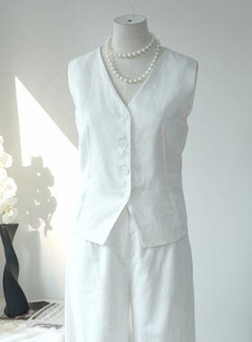 【低调老钱】100亚麻马甲薄款女外穿短款收腰显瘦V领白色西装马夹