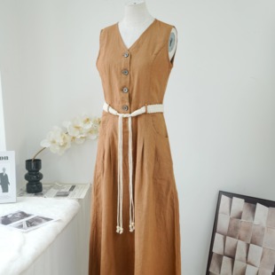 亚麻宽松收腰显瘦连衣裙纯色明星同款 无袖 V领长裙夏 轻奢定制