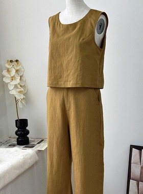 【格桑雅儒】老钱慵懒风纯色亚麻套装夏松弛感无袖上衣长裤两件套