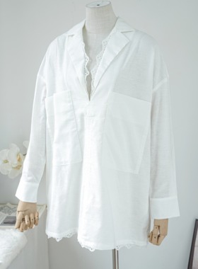 【天空之境】初夏小香风白色亚麻蕾丝拼接衬衫大口袋宽松慵懒上衣