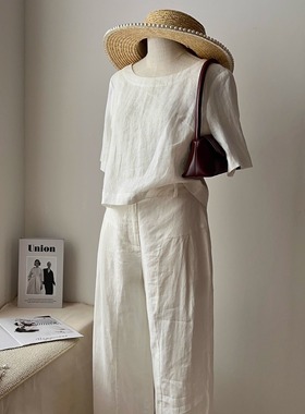 【格桑雅儒】老钱风慵懒纯色亚麻套装夏季松弛感度假风休闲两件套