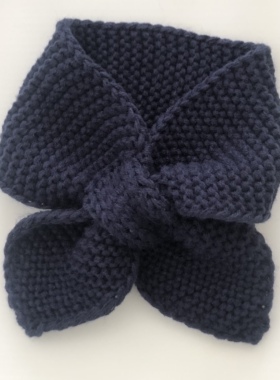 韩版交叉针织围巾冬季手工蝴蝶结亲子藏青色男童女宝宝港风小围巾