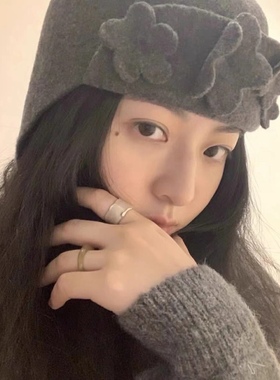 高端定制胡斑同款scha德国羊毛帽子手工制立体花朵遮耳保暖飞行帽