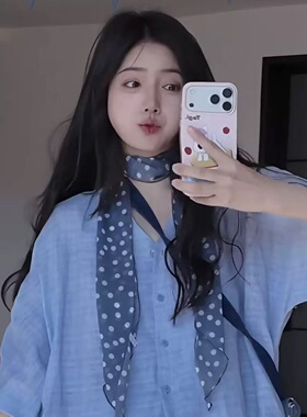 moon网红同款韩系蓝白色波点丝巾春夏季薄款防晒女百搭装饰围脖
