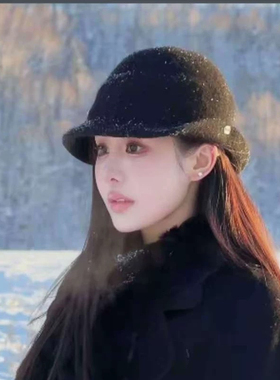 韦雪同款帽子韩版黑色羊毛呢帽法式高级感显小脸林小宅翻边渔夫帽