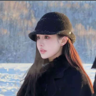 韦雪同款帽子韩版黑色羊毛呢帽法式高级感显小脸林小宅翻边渔夫帽