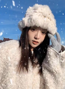 巨显脸小兔毛渔夫帽女秋冬毛绒绒保暖盆帽真毛皮草帽子出游滑雪帽