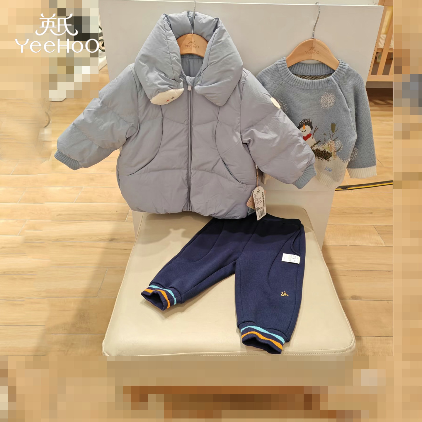 英氏男童雪人童趣羽绒服外套秋冬新款休闲针织衫毛衣男宝加绒裤子