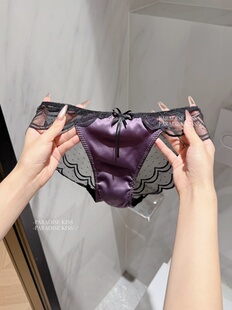 「KISS」禁欲朗姆*性感紫色缎面拼接蕾丝女蝴蝶结波浪网纱三角裤