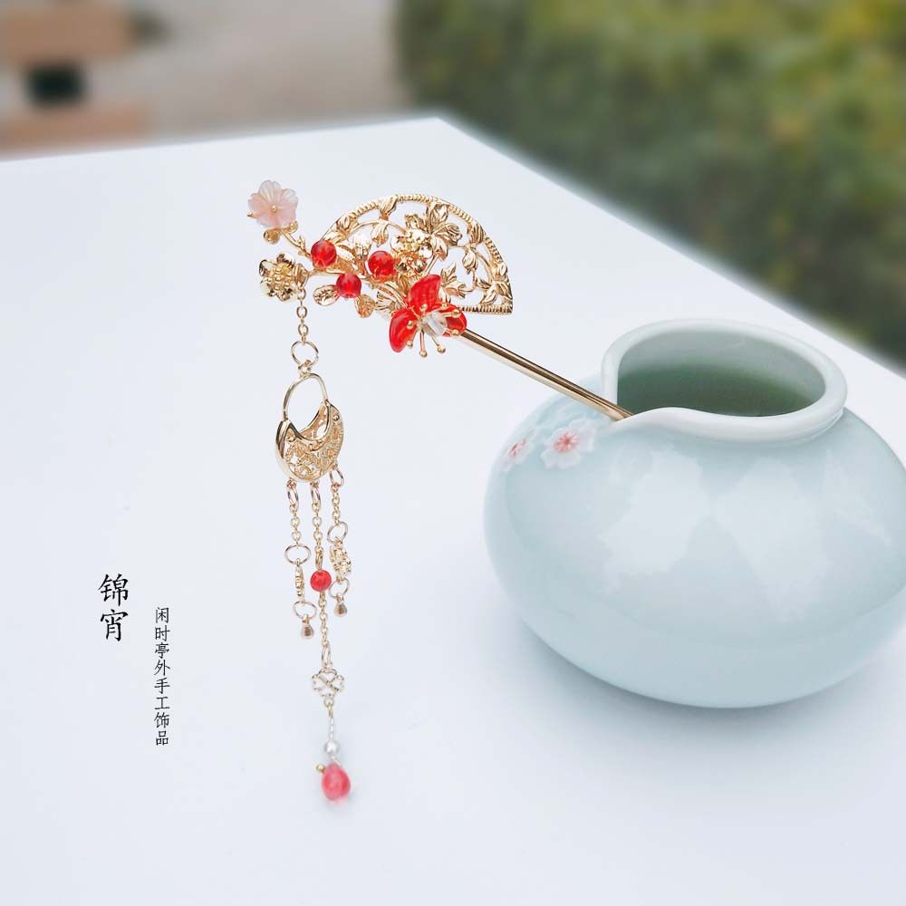古代风发簪子复古典步摇长流苏发钗子红色汉服订婚发饰包邮 锦宵