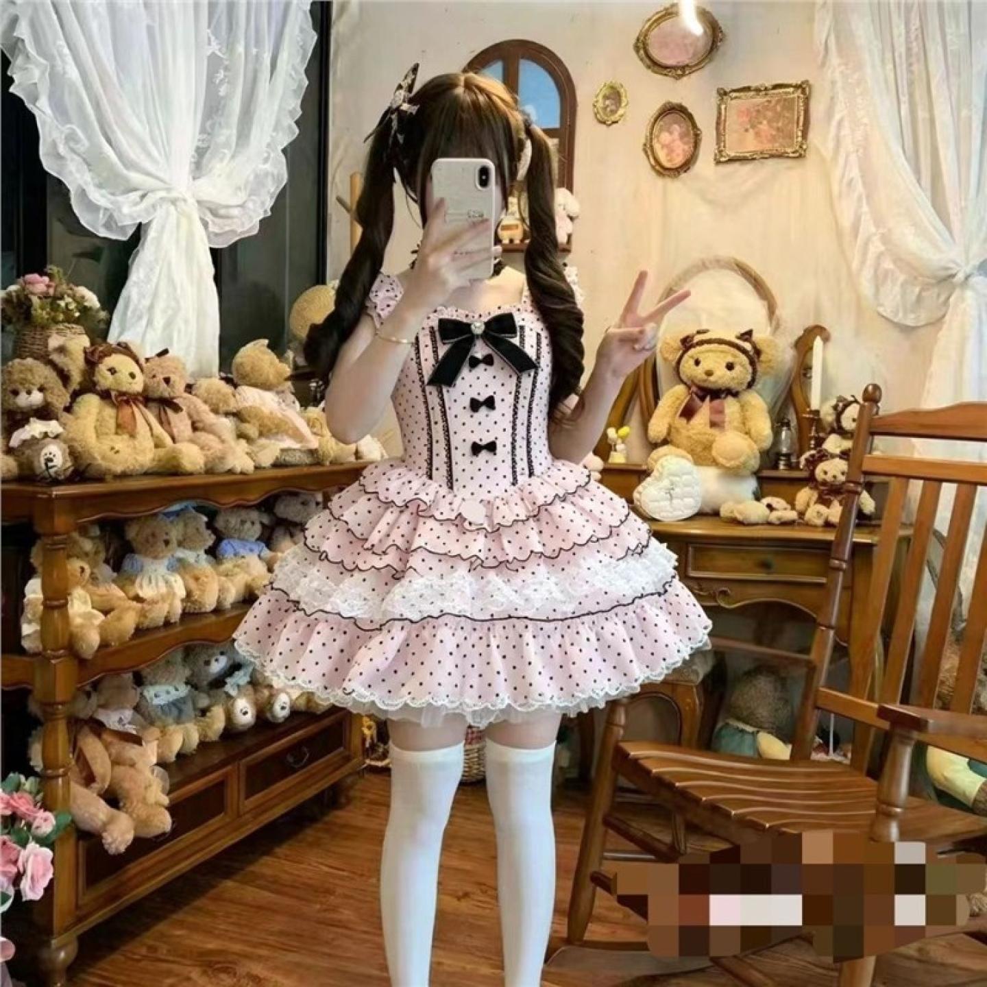 洛丽塔蝴蝶结遮肉波点蛋糕裙图片