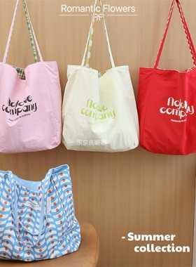 缤纷夏日~AB面休闲帆布包！清新感格纹配色单肩包 大容量字母包