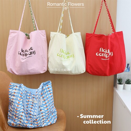 缤纷夏日~AB面休闲帆布包！清新感格纹配色单肩包 大容量字母包