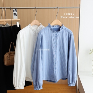 显瘦蓝条纹衬衫 内里加绒 复古设计感气质上衣 法式 冬 柔美木耳领