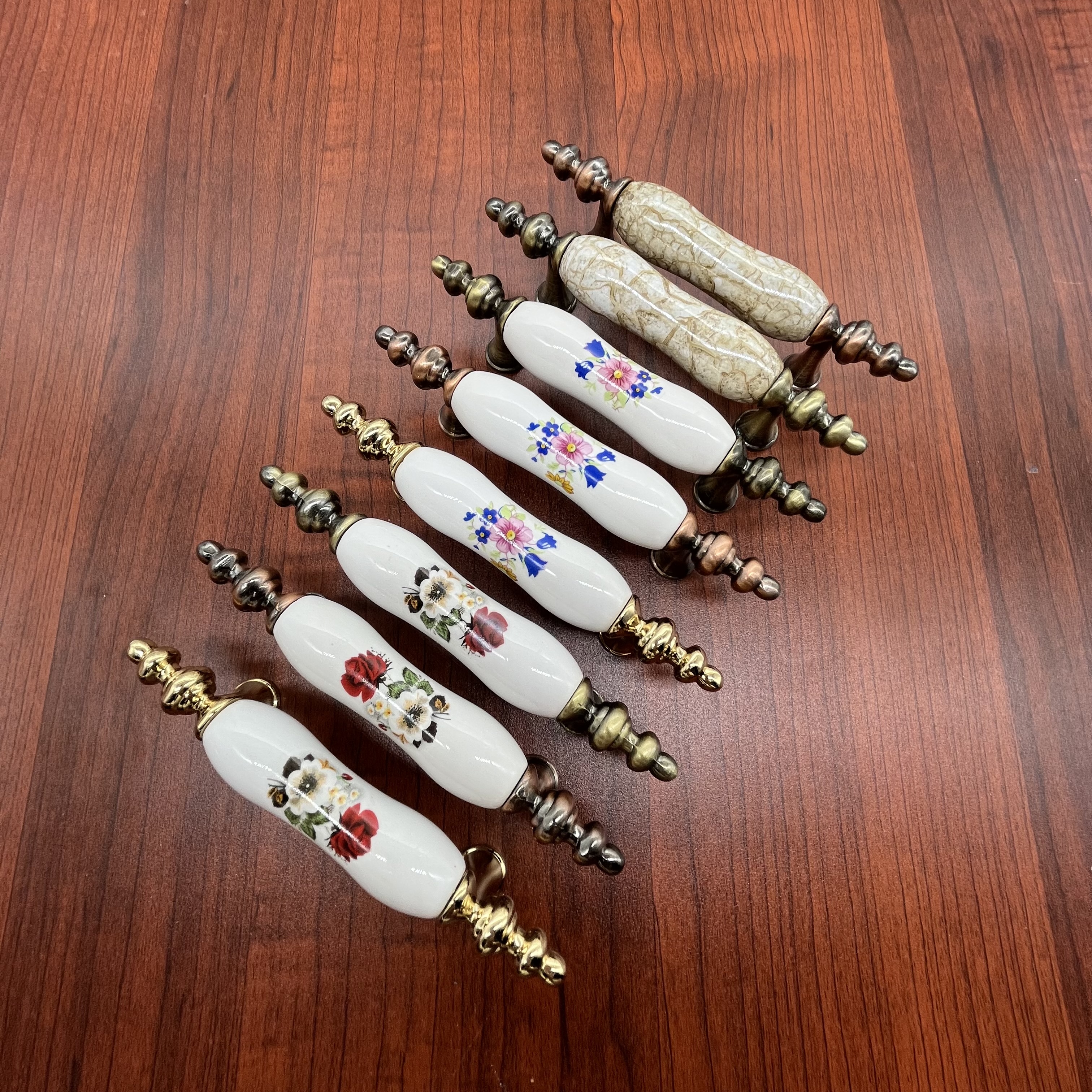 欧式仿古陶瓷碎花小兰花金色橱柜衣柜门板拉手把手田园明装青古铜