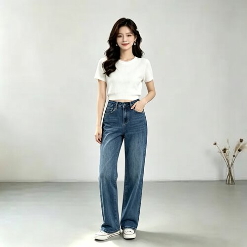 丹德兰 美式风高腰阔腿牛仔裤女宽松显瘦百搭直筒裤夏季-TE91086