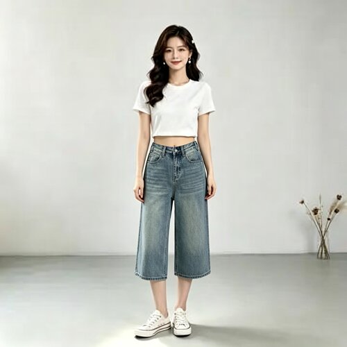 丹德兰 复古七分阔腿牛仔裤女夏季薄款宽松显瘦直筒裤子-TE93526