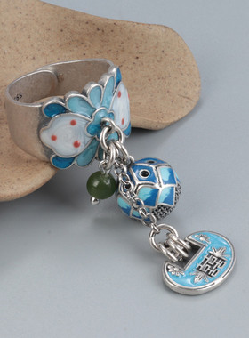 S925纯银宽面滴胶工艺圆球流苏如意锁戒指复古宽版开口民族风指环