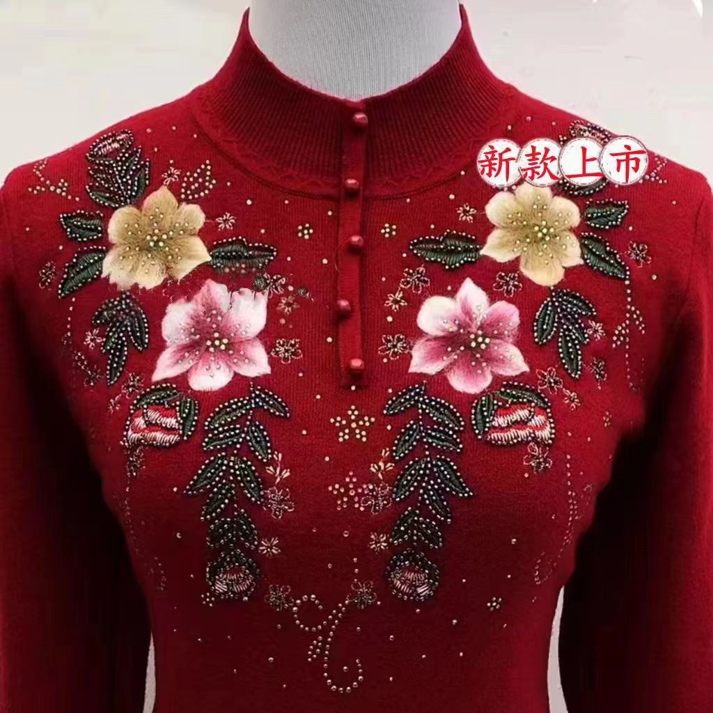 妈妈秋冬加绒加厚毛衣洋气半高领上衣中老年女装保暖内搭打底衫