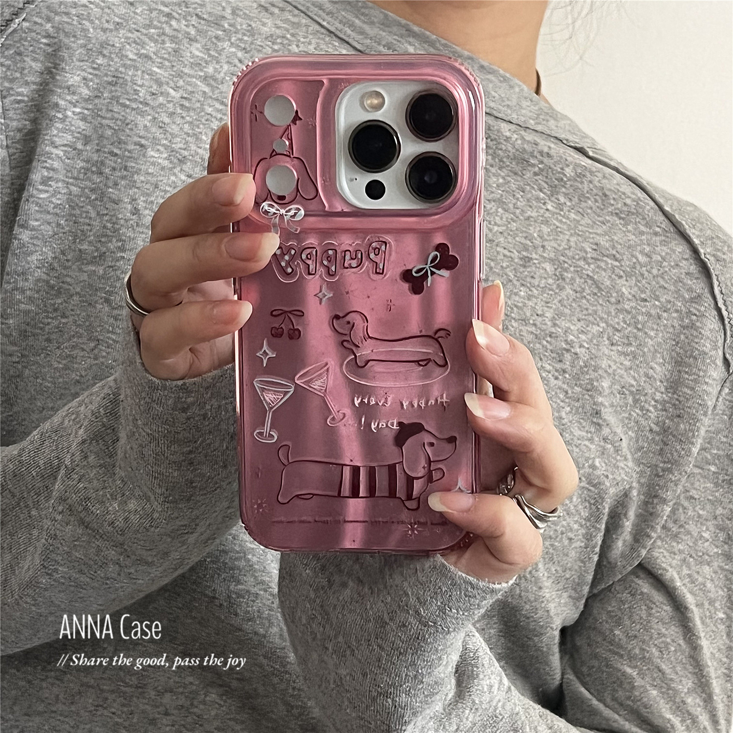 ANNACASE韩国ins可爱树莓红线条腊肠狗适用苹果17ProMax手机壳iphone14小众15pro新款16promax防摔保护套17软