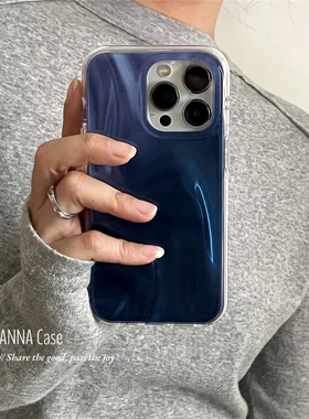 ANNACASE高级气质宝蓝色水波纹适用苹果16promax手机壳iphone14小众15pro新款16全包软壳13promax防摔保护套