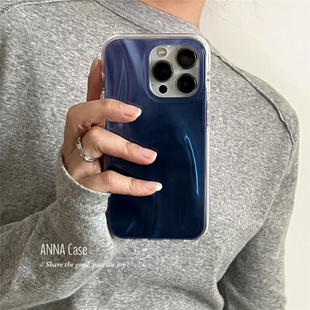 ANNACASE高级气质宝蓝色水波纹适用苹果16promax手机壳iphone14小众15pro新款 16全包软壳13promax防摔保护套