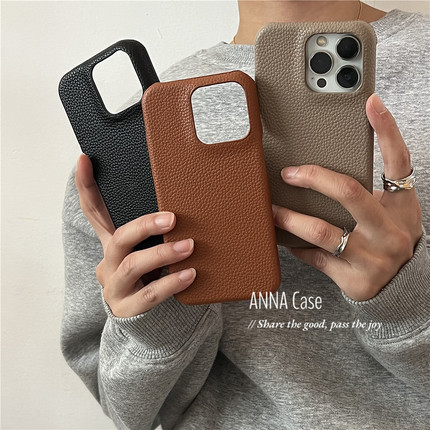 ANNACASE高级感初秋深色荔枝纹适用苹果15promax手机壳iphone16皮质12pro新款14半包硬壳13promax防摔保护套