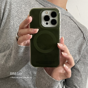 ANNACASE高级感橄榄绿锡纸纹磁吸手机壳适用iphone17promax苹果14光面17pro新款 15pro软壳16Promax防摔保护套